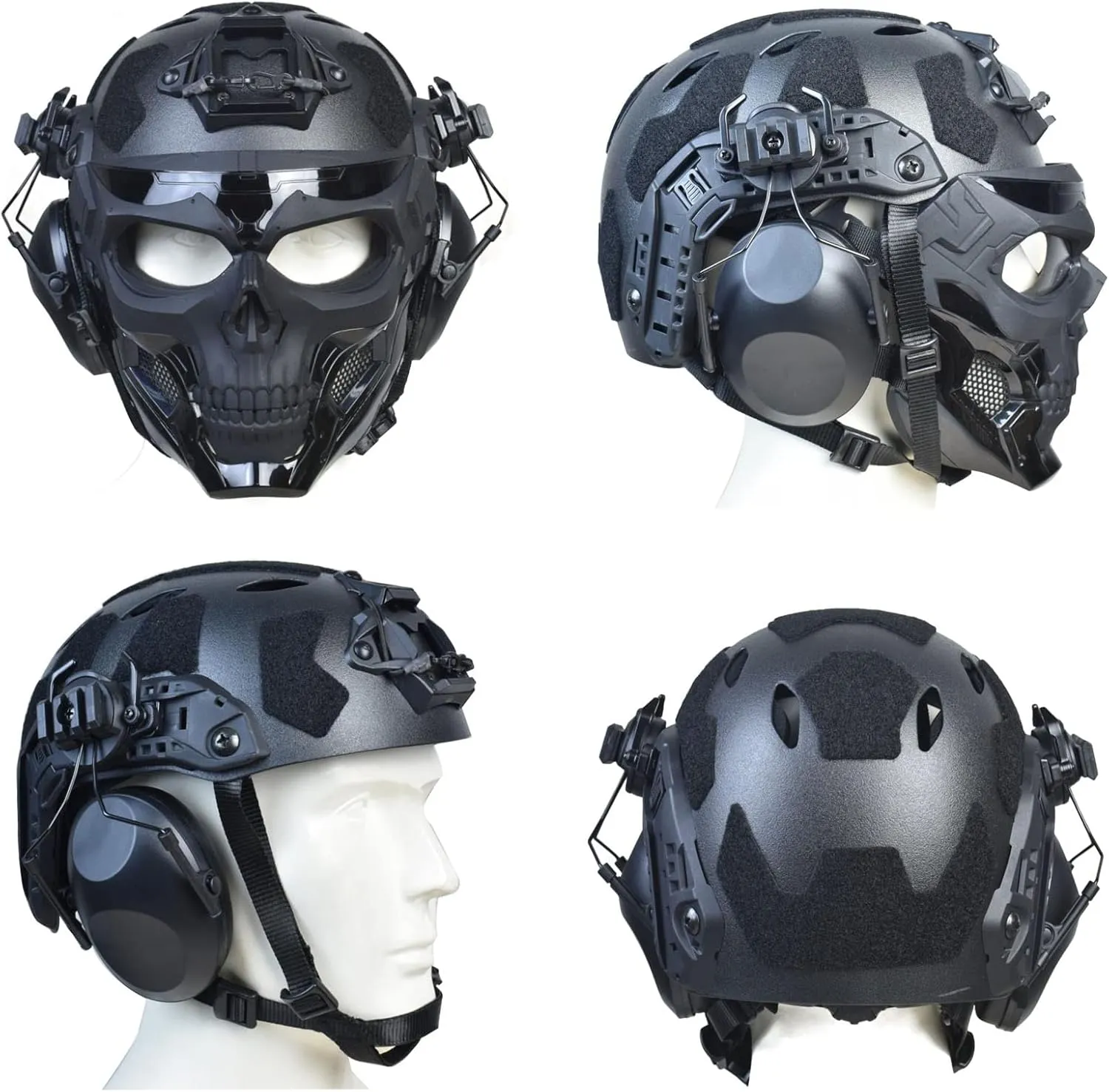 Tactical Full Airsoft Mask & Tactical Helmet with Tactical Headset,Ear Hearing Protection Noise Cancelling,Full Face Skull Mask Clear Goggle Paintball Gear