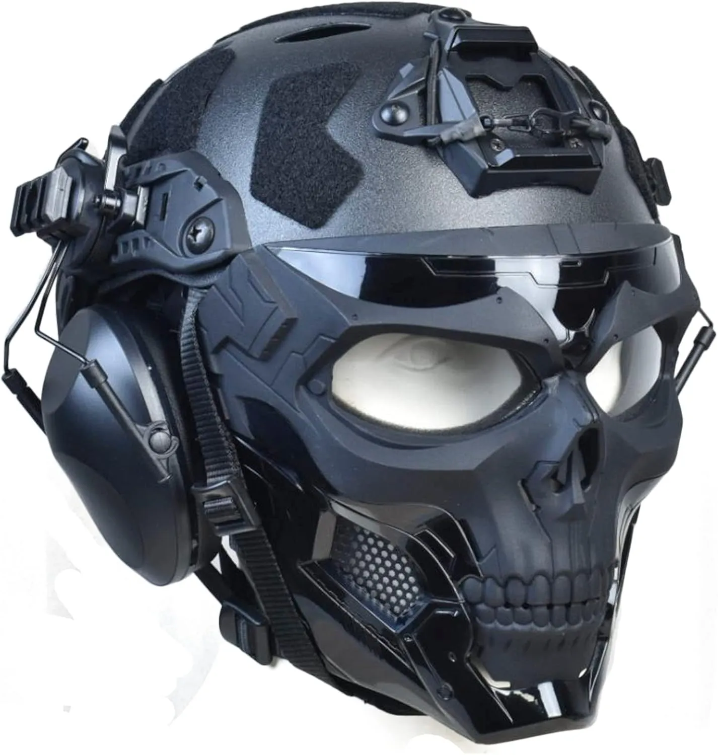 Tactical Full Airsoft Mask & Tactical Helmet with Tactical Headset,Ear Hearing Protection Noise Cancelling,Full Face Skull Mask Clear Goggle Paintball Gear