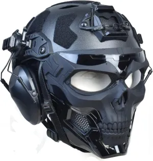 Tactical Full Airsoft Mask & Tactical Helmet with Tactical Headset,Ear Hearing Protection Noise Cancelling,Full Face Skull Mask Clear Goggle Paintball Gear