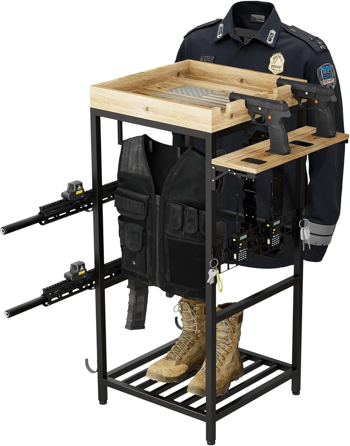 Tactical Gear Storage Rack – Heavy-Duty Police Equipment Organizer with Gun Hooks, Radio Holders & Armor Shelf