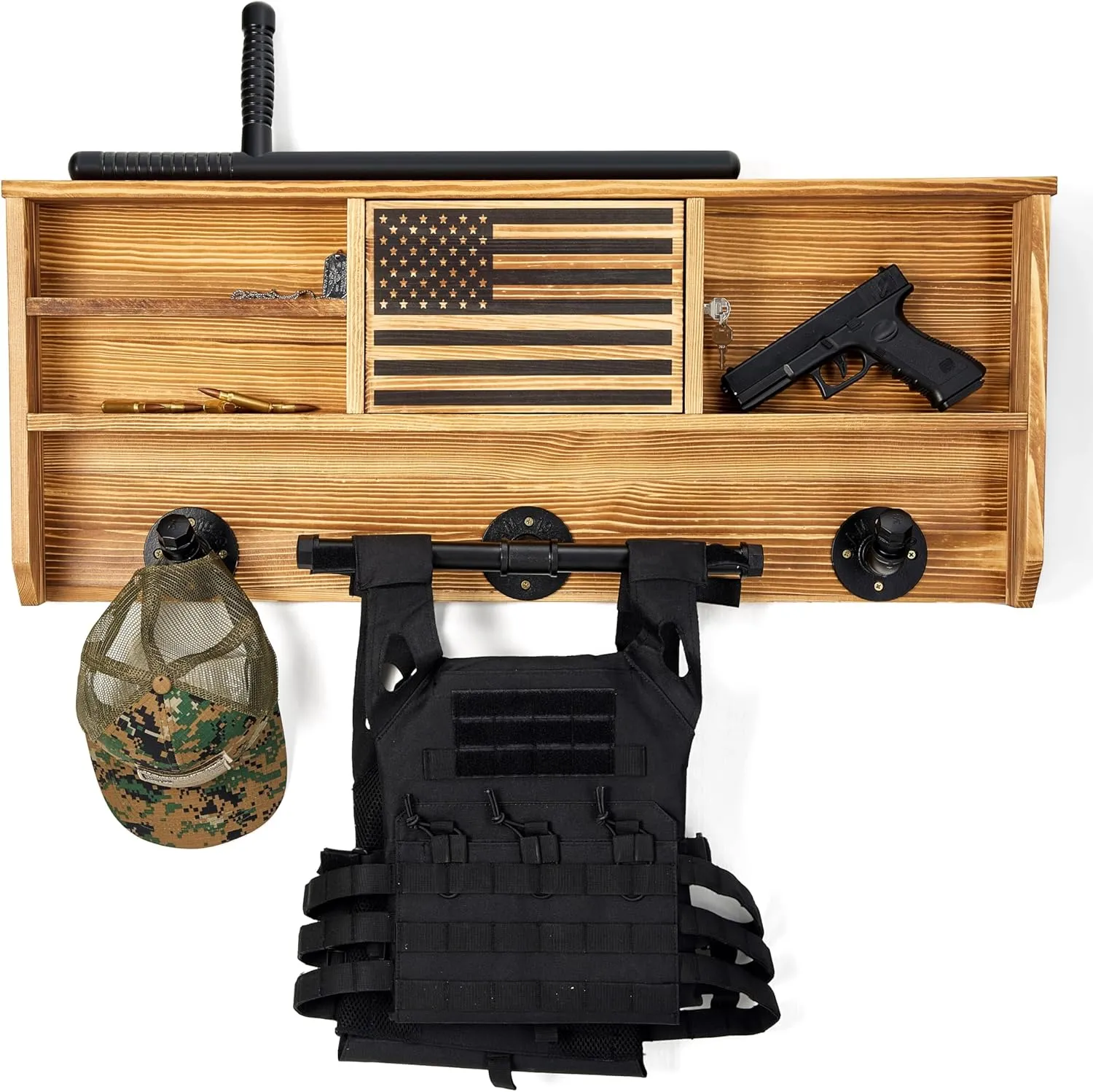 Tactical Gear Wall Mount Hanger & Hook for Motorcycle Helmets with American Flag Lock Storage, Police Gear for Father, Road Bikes, Army Gear, Helmet Holder Wall Mount Stand, Plate Carrier Rack
