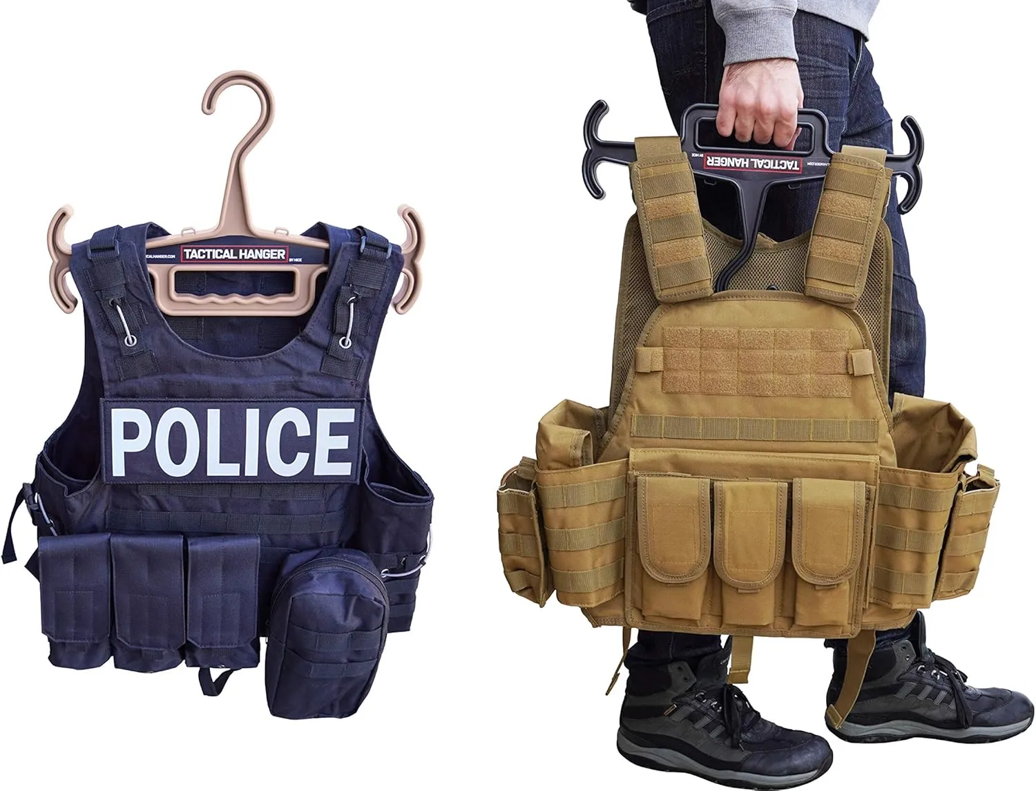 Tactical Hanger by HICE | Set of 2 | Original Heavy Duty Standard Hanger | 200 lb Load Capacity | Durable High Impact Resin | for Body Armor, Police, Military Gear, Scuba, Survival Equipment (Tan)