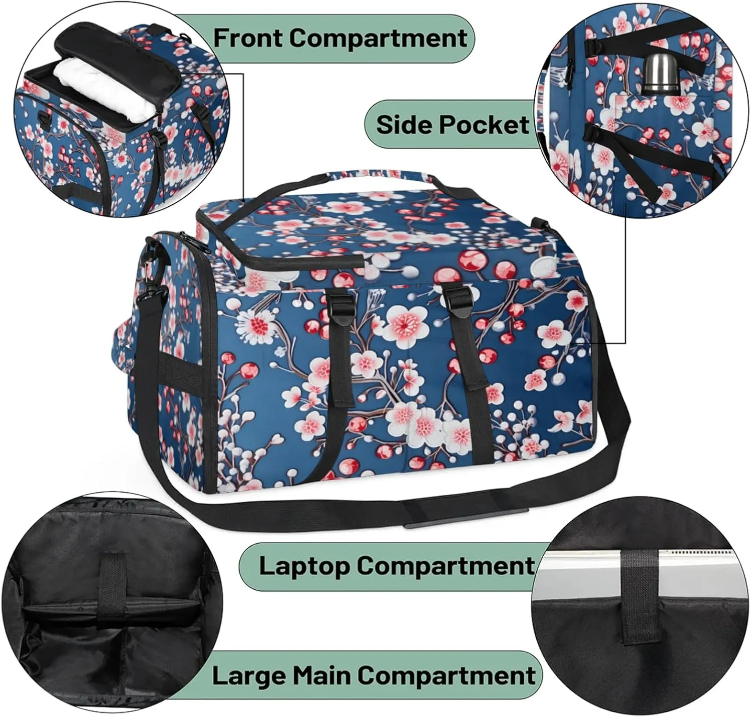 Tactical Sports Duffle Bag for Travel Waterproof Gym Bag with Shoe Compartment 48L Carry On Luggage for Men & Women 3-in-1 Durable Travel Luggage Blossoms Printed Cherry