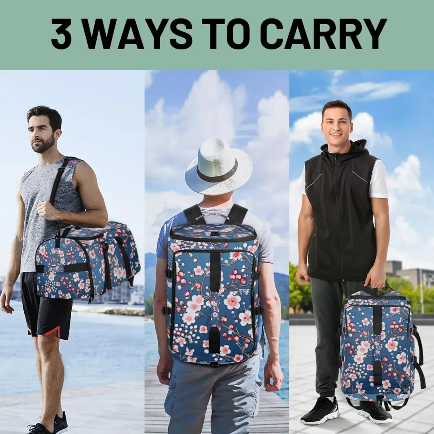 Tactical Sports Duffle Bag for Travel Waterproof Gym Bag with Shoe Compartment 48L Carry On Luggage for Men & Women 3-in-1 Durable Travel Luggage Blossoms Printed Cherry