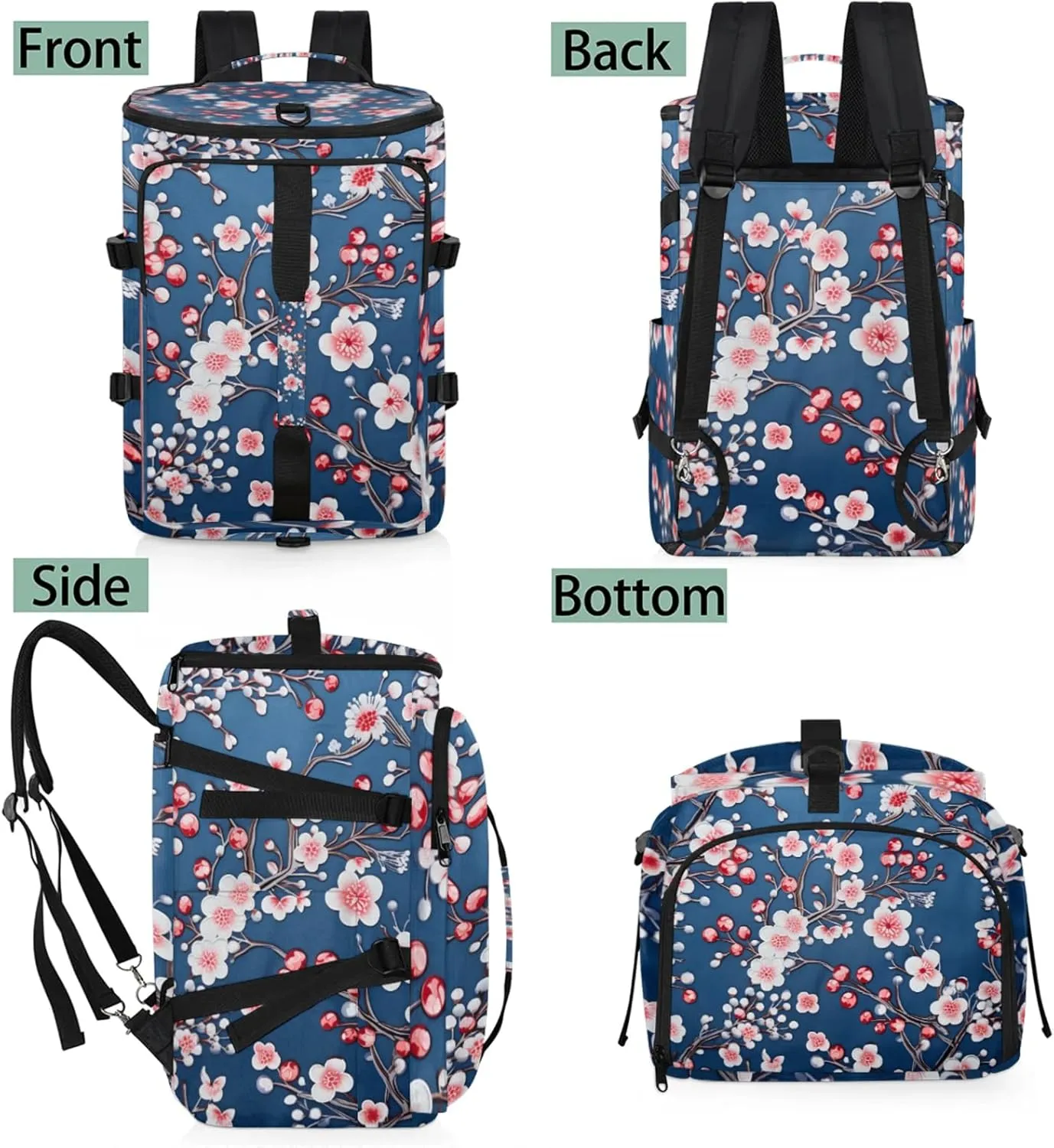 Tactical Sports Duffle Bag for Travel Waterproof Gym Bag with Shoe Compartment 48L Carry On Luggage for Men & Women 3-in-1 Durable Travel Luggage Blossoms Printed Cherry