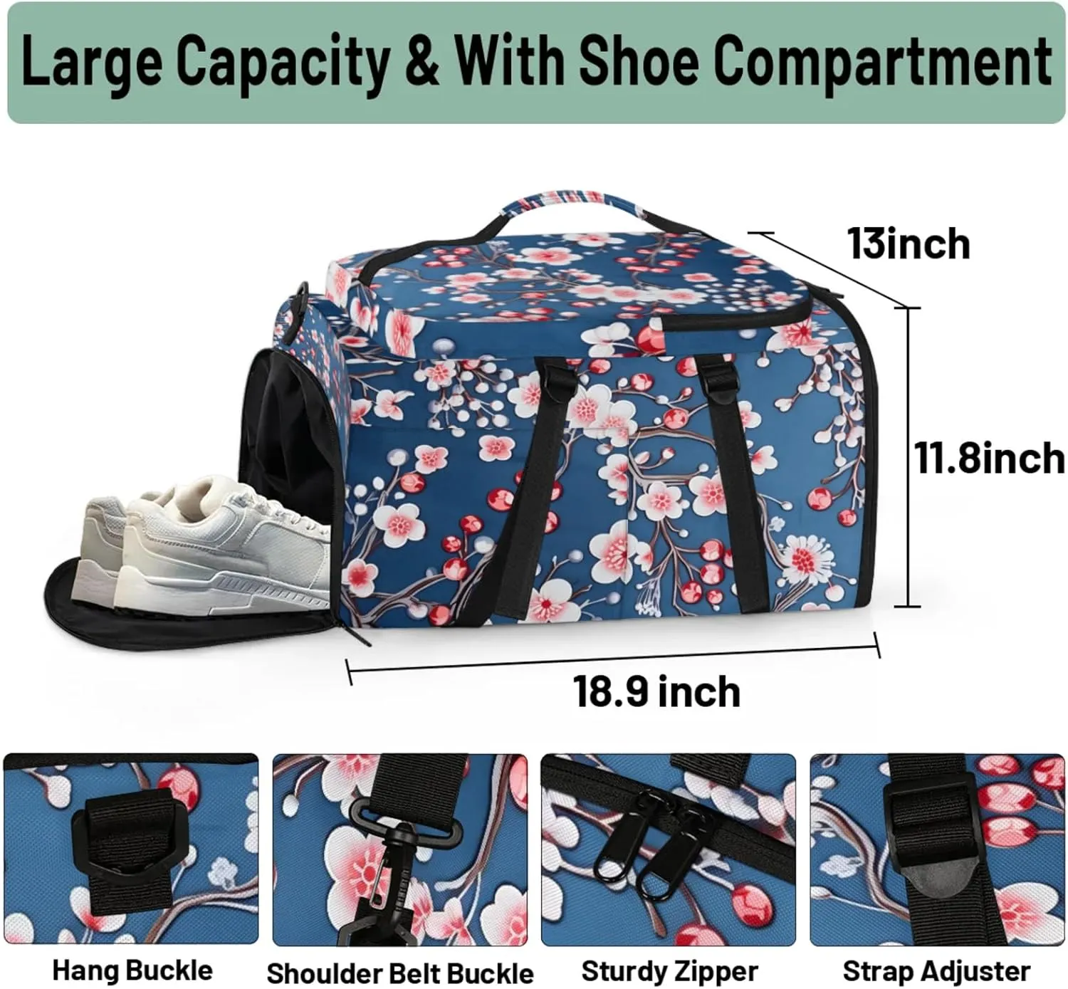 Tactical Sports Duffle Bag for Travel Waterproof Gym Bag with Shoe Compartment 48L Carry On Luggage for Men & Women 3-in-1 Durable Travel Luggage Blossoms Printed Cherry