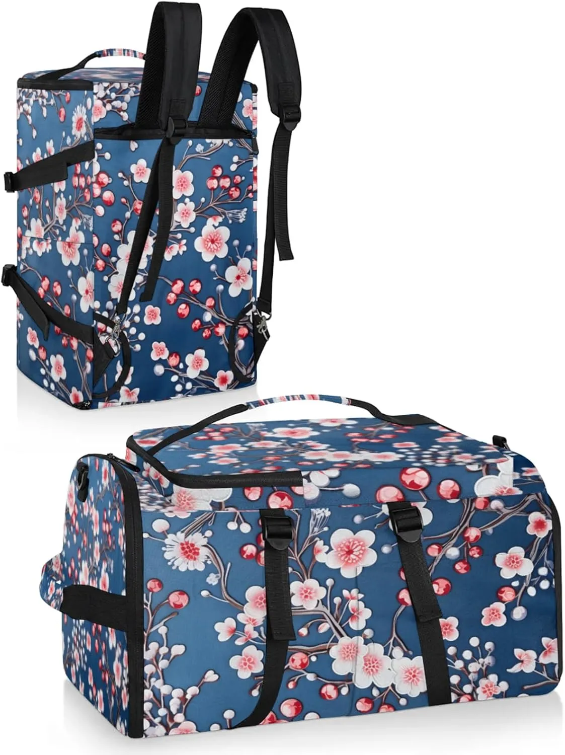 Tactical Sports Duffle Bag for Travel Waterproof Gym Bag with Shoe Compartment 48L Carry On Luggage for Men & Women 3-in-1 Durable Travel Luggage Blossoms Printed Cherry