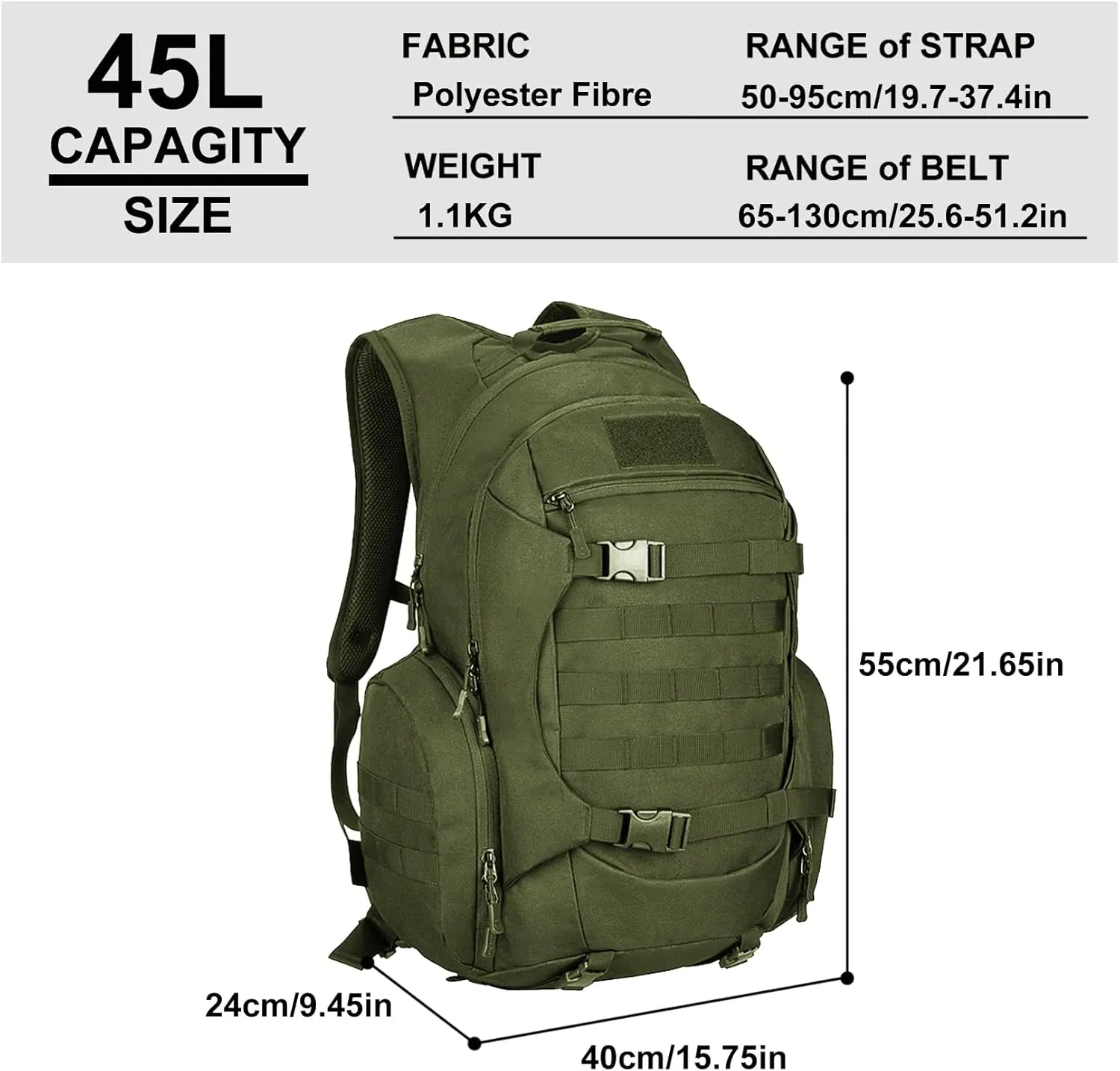 Tactical Travel Backpack Large Military Tactical Assault Pack, 3 Day Heavy Duty Camping Rucksack, 45L Hiking Bags (Green)