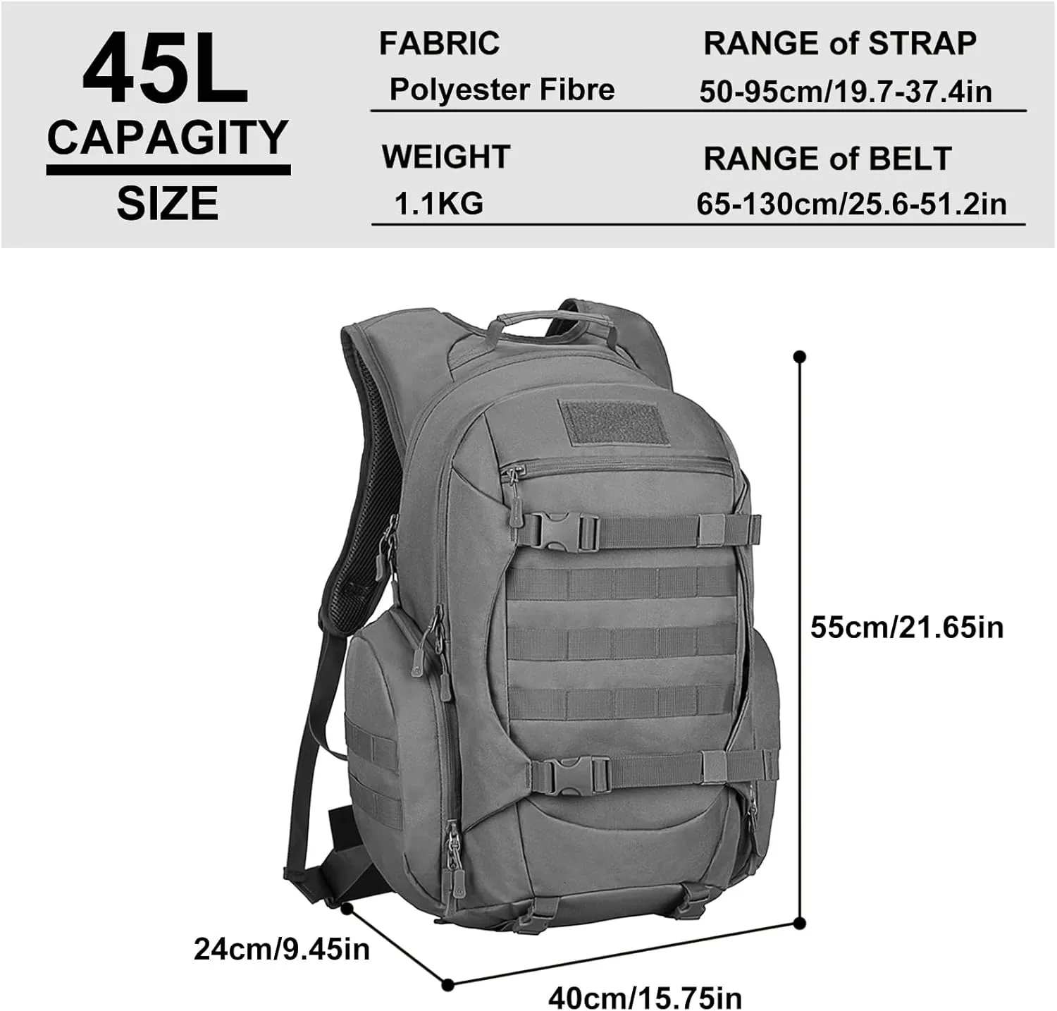 Tactical Travel Backpack Large Military Tactical Assault Pack, 3 Day Heavy Duty Camping Rucksack, 45L Hiking Bags (Grey)