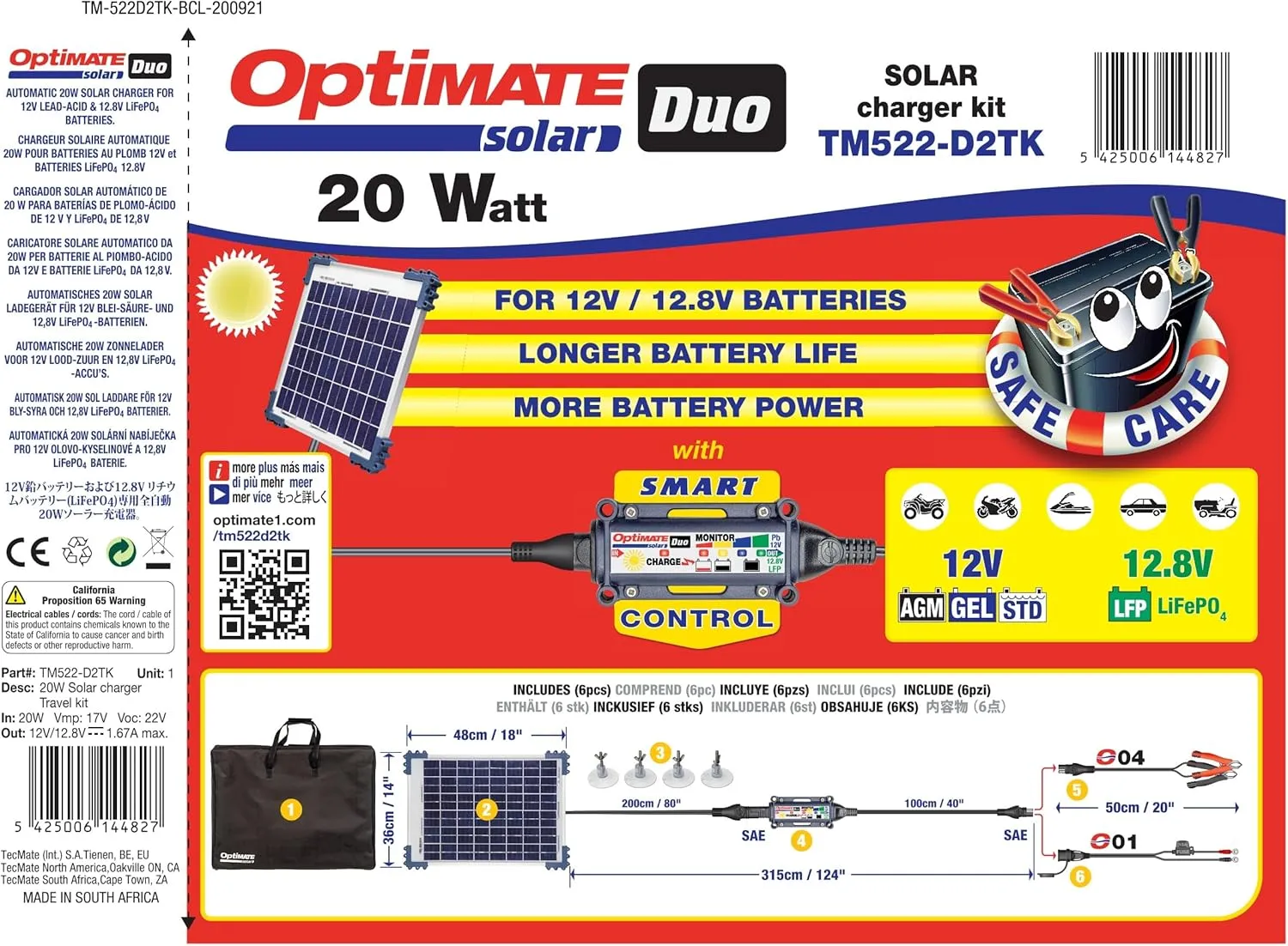 Tecmate Optimate Solar Duo 20W Travel kit, TM522-D2TK, 6-Step 12V / 12.8V 1.6A Weatherproof Solar Battery Saving Charger & maintainer