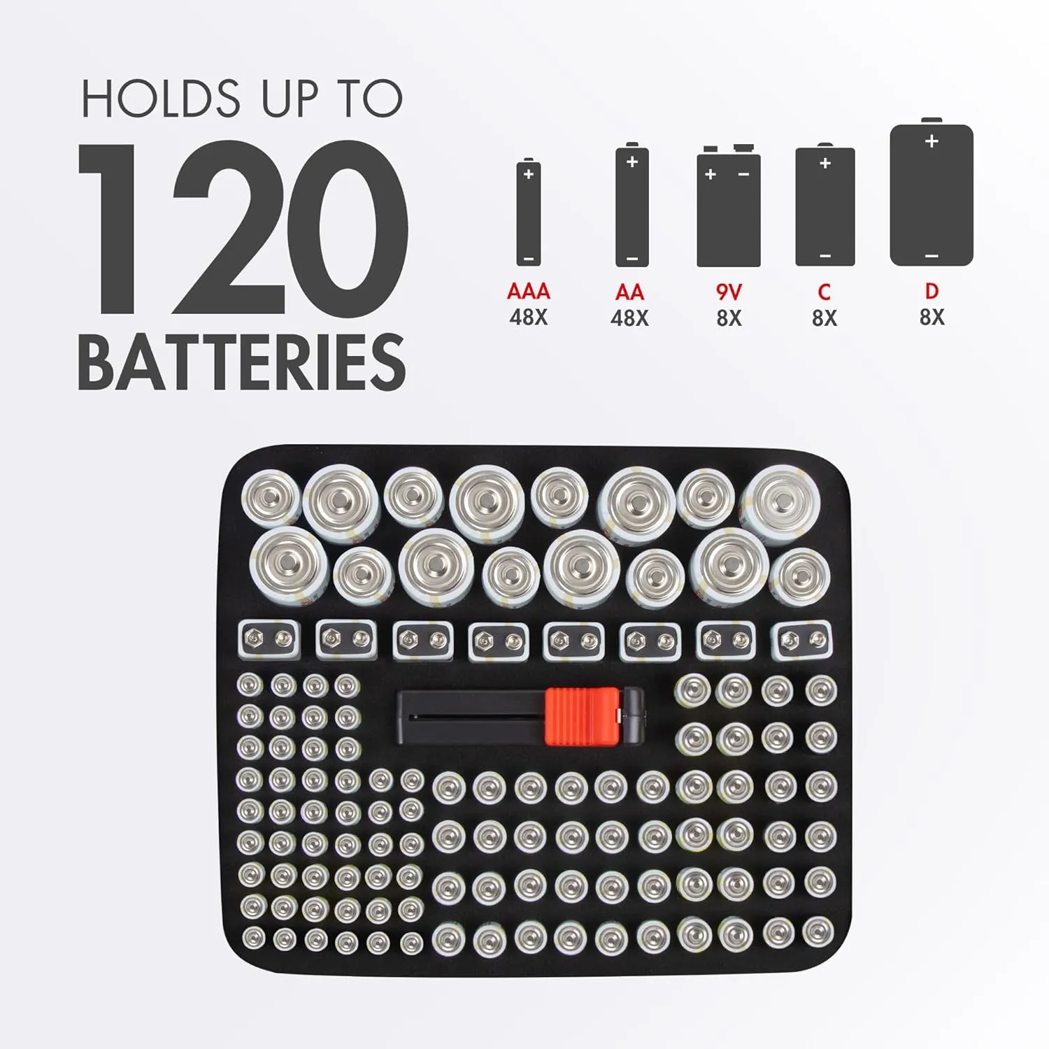 Tenergy Alkaline Batteries & Storage Case, 48xAAs, 48xAAAs, 8xC Size, 8xD Size, 8 Pack 9V Size Batteries, and Battery Organizer Case
