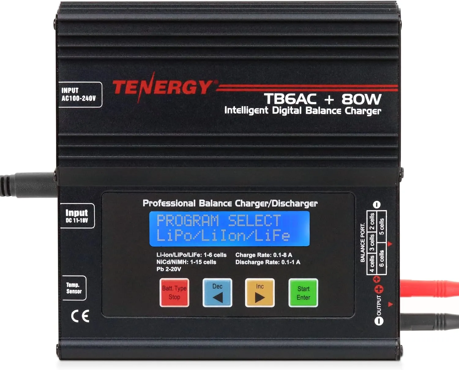 Tenergy TB6AC 80W Balance Charger Discharger, 1S-6S Intelligent Digital Battery Pack Charger for NiMH/NiCd/Li-Po/Li-Fe Packs, LCD RC Battery Charger w/Tamiya/JST/EC3/HiTec/Deans Connectors