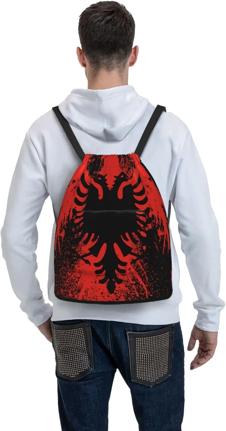 The New Drawstring Backpack Albanian Flag And Bald Eagle Gym String Bag Sport Sack Storage Bag Beach Knapsack