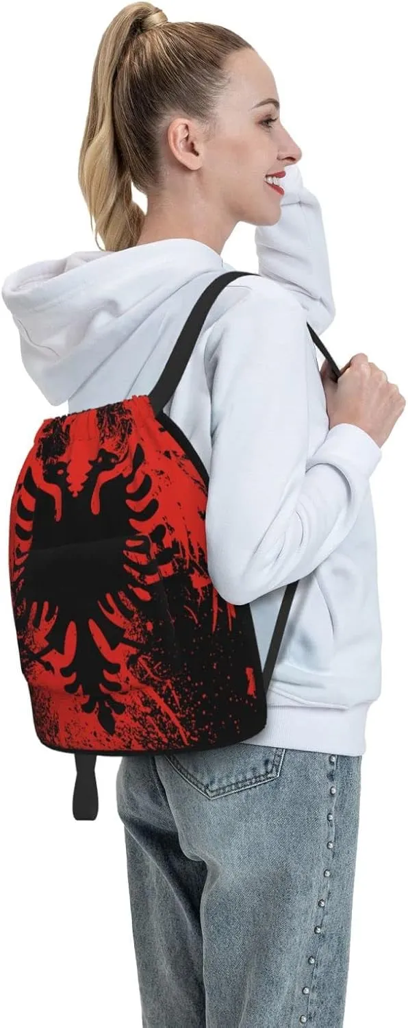 The New Drawstring Backpack Albanian Flag And Bald Eagle Gym String Bag Sport Sack Storage Bag Beach Knapsack