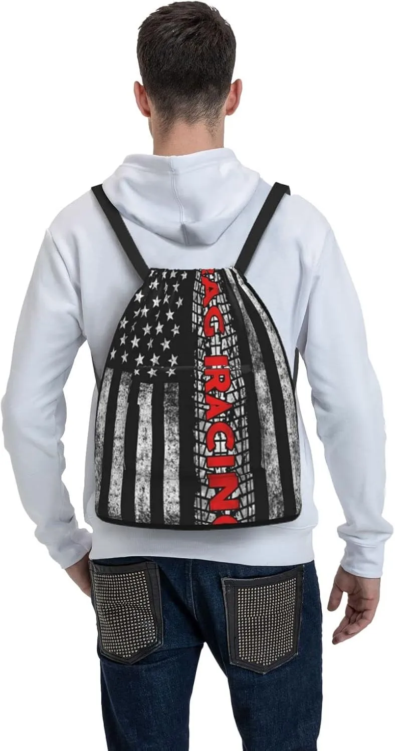 The New Drawstring Backpack Drag Racing American Flag Gym String Bag Sport Sack Storage Bag Beach Knapsack