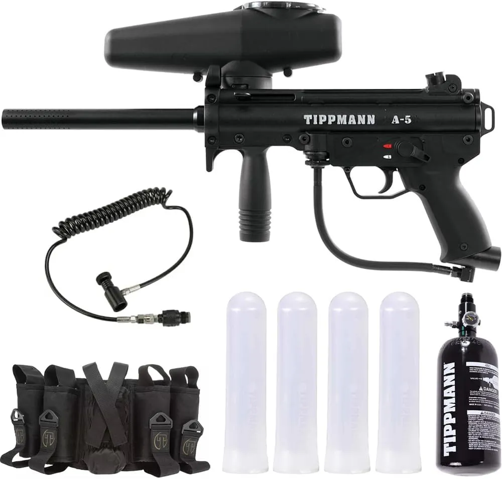 Tippmann A-5 .68 Paintball Gun Marker with 48/3000 HPA Tank, Quick Disconnect Remote, 4 1 Sport Series Harness with 4x140 Round Pods Package