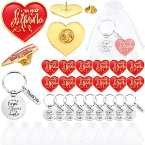 Tondiamo 24 Sets Mother Day Party Favor You Make a Difference Pins Bulk Enamel Heart Shape Lapel Pins Motivational Keychains with Organza Bags Employee Appreciation Gifts for Student Teacher