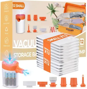 Travel Vacuum Storage Bags, 12 Pack Space Saver Vacuum Storage Bags with Portable Pump,Vacuum Packing Bags for Travel,Travel vacuum bags for Luggage, Vacuum Seal Bags for Clothing,Travel Essentials
