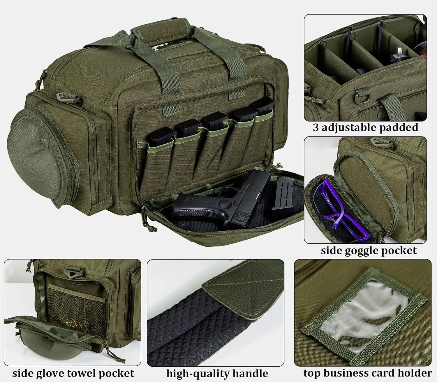 TRO&HOM Tactical Gun Bag for 4 Handguns - Pistol Shooting Range Bag With 15X Magazine Slots & Pockets for Ammo & Essentials - Padded Hunting & Sport Bag
