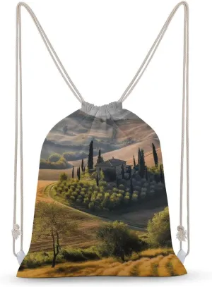 Tuscany Landscape Tree Scenery Farm Drawstring Backpack for Women Men Drawstring Bag for Travel Swimming Sports Gym Bag