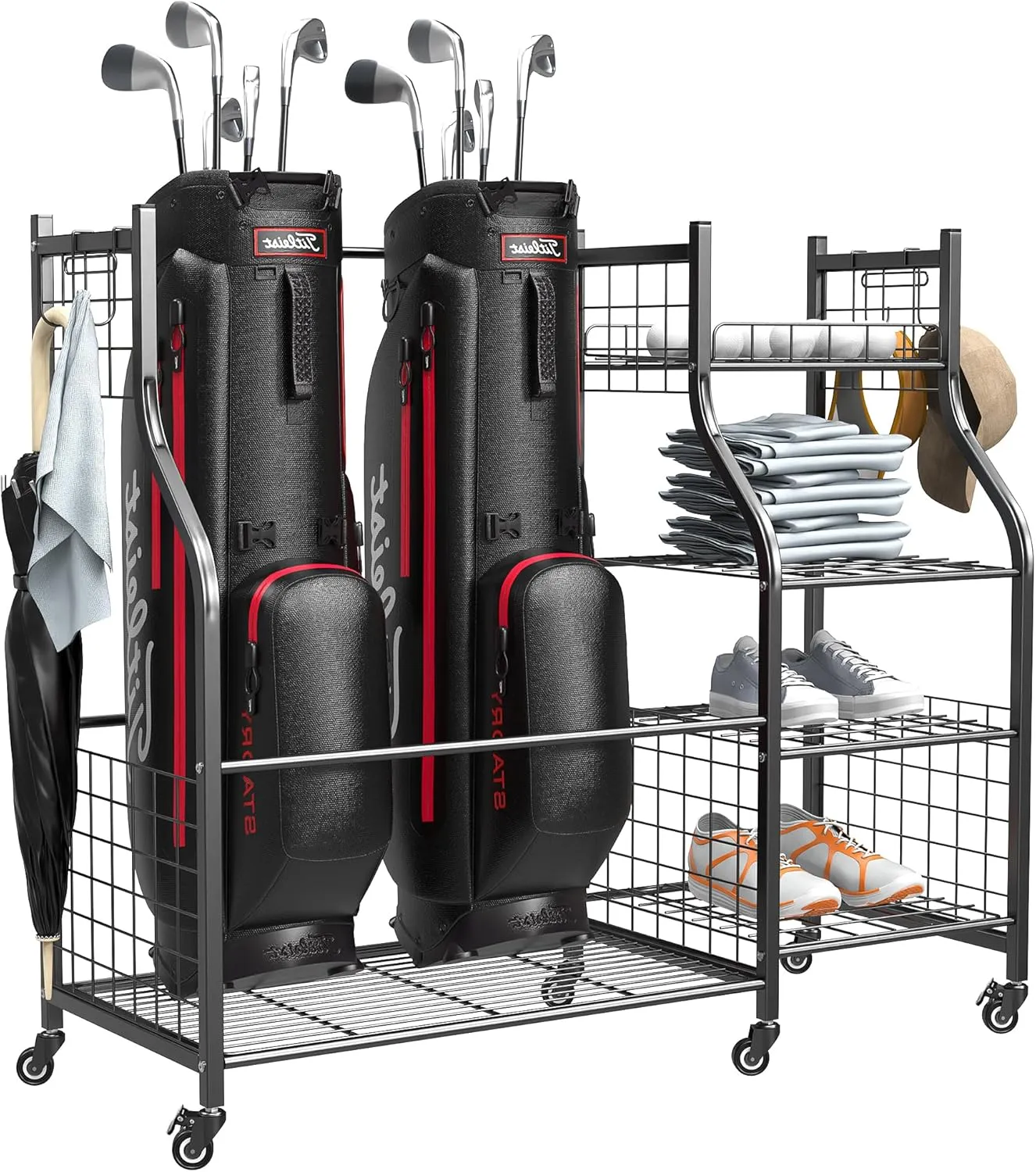 Ultrawall Golf Storage Organizer, Golf Bag Storage Stand for Garage, Golf Equipment Rack with Wheels Fits 2 Golf Bags and Golf Equipment Accessories