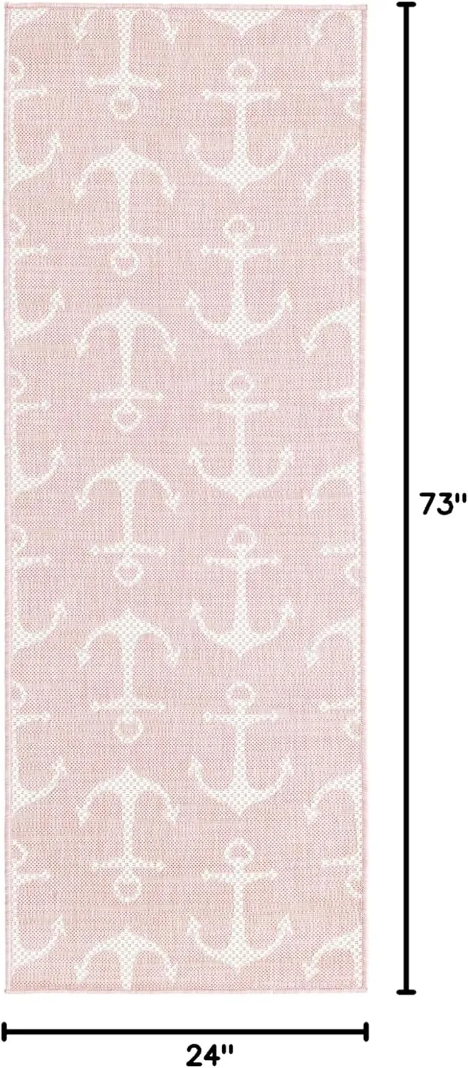 Unique Loom Outdoor Coastal Collection Area Rug - Ahoy (2' x 6' 1" Runner, Pink/ Ivory)
