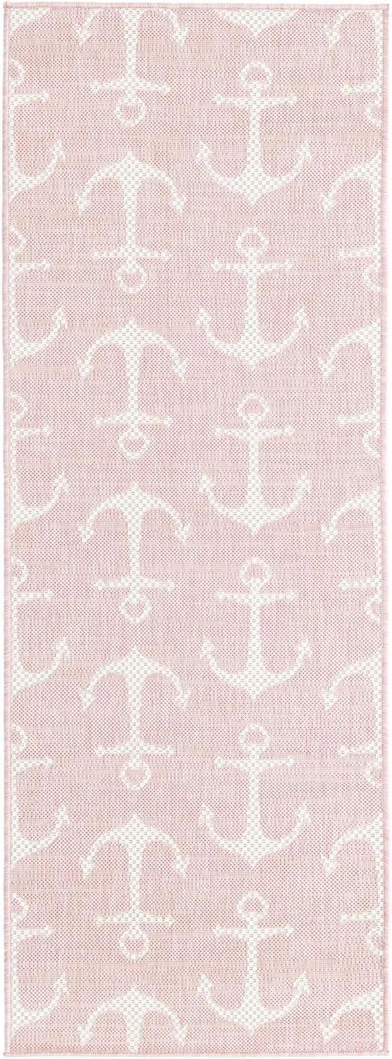 Unique Loom Outdoor Coastal Collection Area Rug - Ahoy (2' x 6' 1" Runner, Pink/ Ivory)