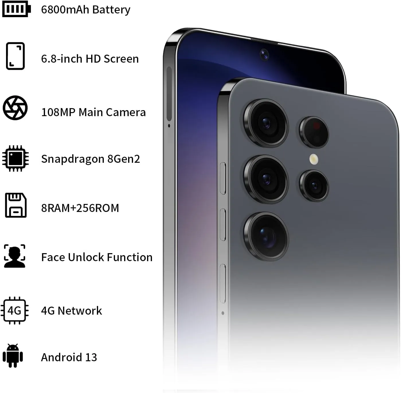 Unlocked Phone S23 Ultra Android Phone 8-core 8GB 256GB Cell Phone 6.8 inch HD Screen Mobile Phone 108MP 48MP Camera 6800 mAh Battery 4G Dual SIM (Titanium Black)