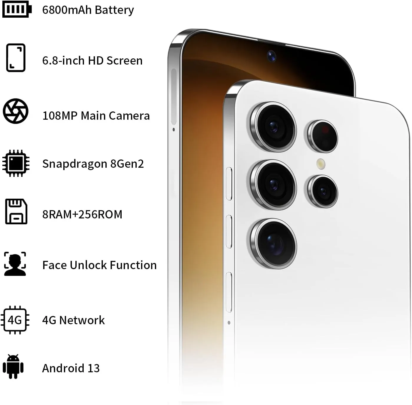 Unlocked Phone S23 Ultra Android Phone 8-core 8GB 256GB Cell Phone 6.8 inch HD Screen Mobile Phone 108MP 48MP Camera 6800 mAh Battery 4G Dual SIM (Titanium White)