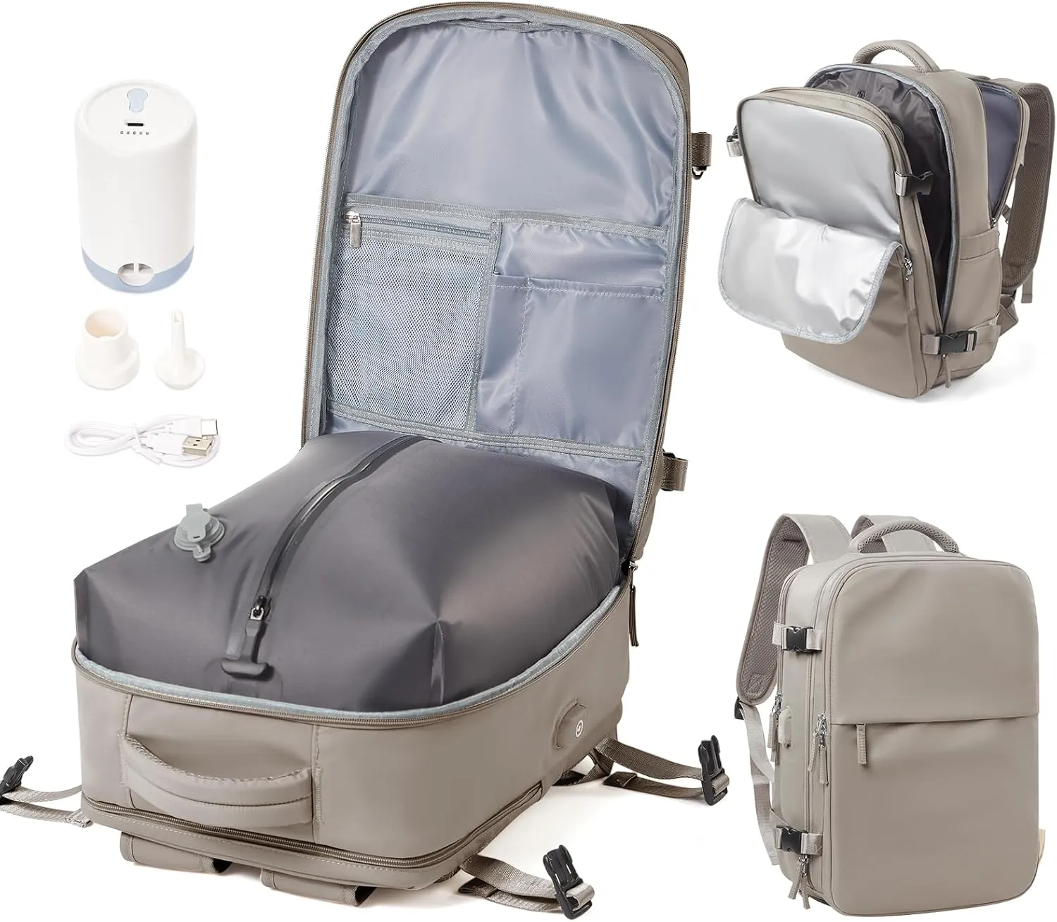 Vacuum Travel Backpack with Electric Pump for Women Men, Vacpack Seal Compression Bags Waterproof Travel Backpack Carry on Flight Approved, Airback Personal Item Carry on Backpacks（grey brown）