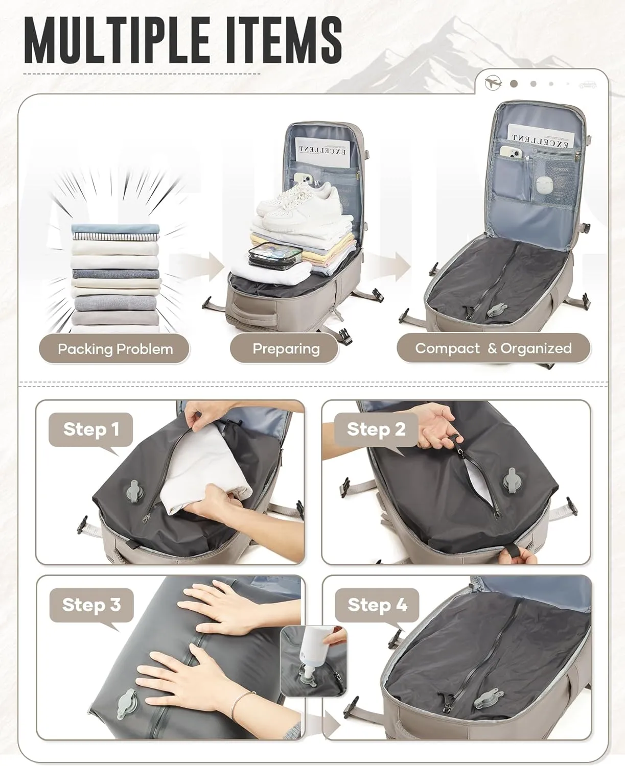 Vacuum Travel Backpack with Electric Pump for Women Men, Vacpack Seal Compression Bags Waterproof Travel Backpack Carry on Flight Approved, Airback Personal Item Carry on Backpacks（grey brown）