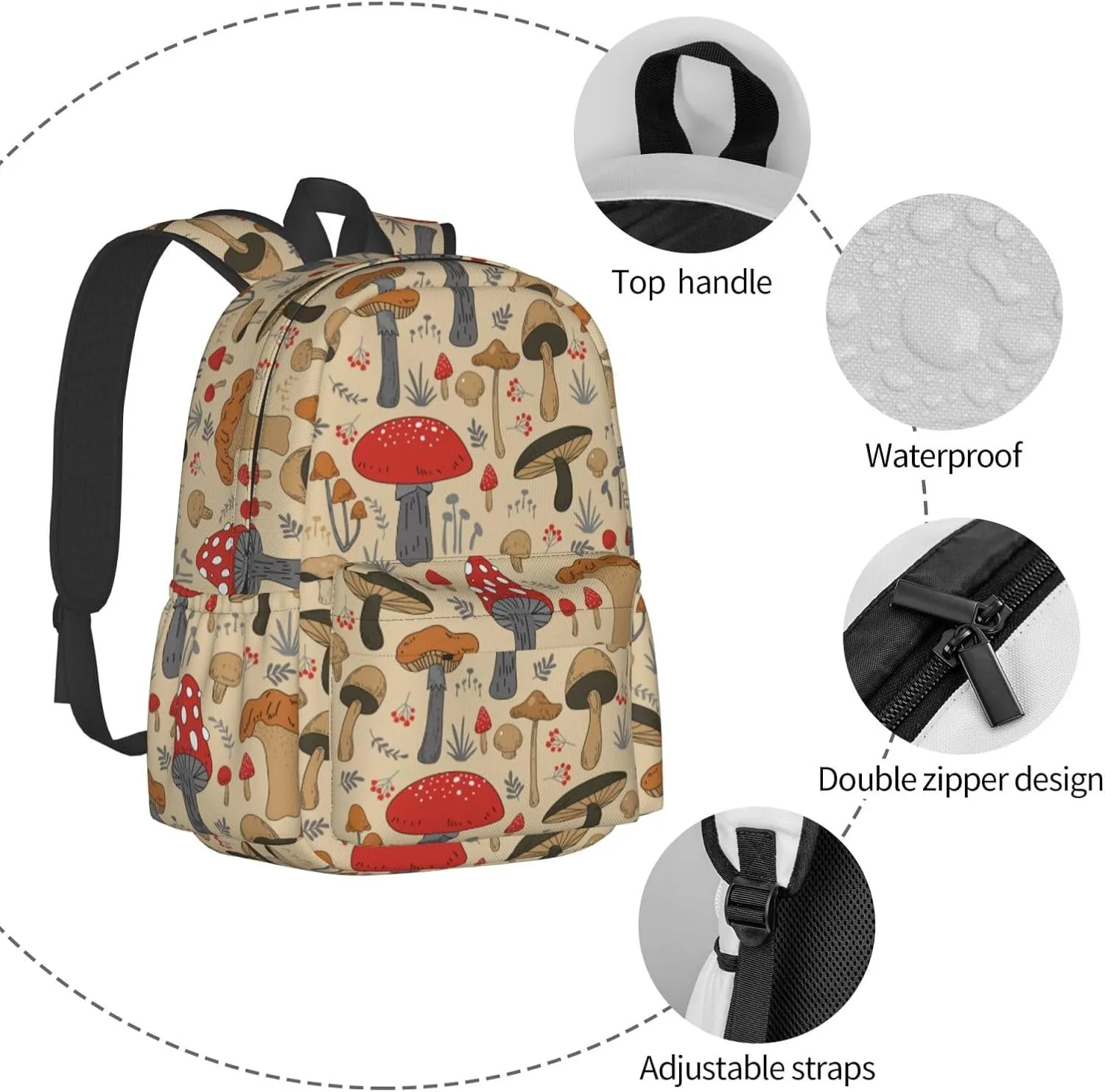 Various Mushroom Art Stylish Backpack With Adjustable Padded Shoulder Straps Daypacks For Girls College Travel
