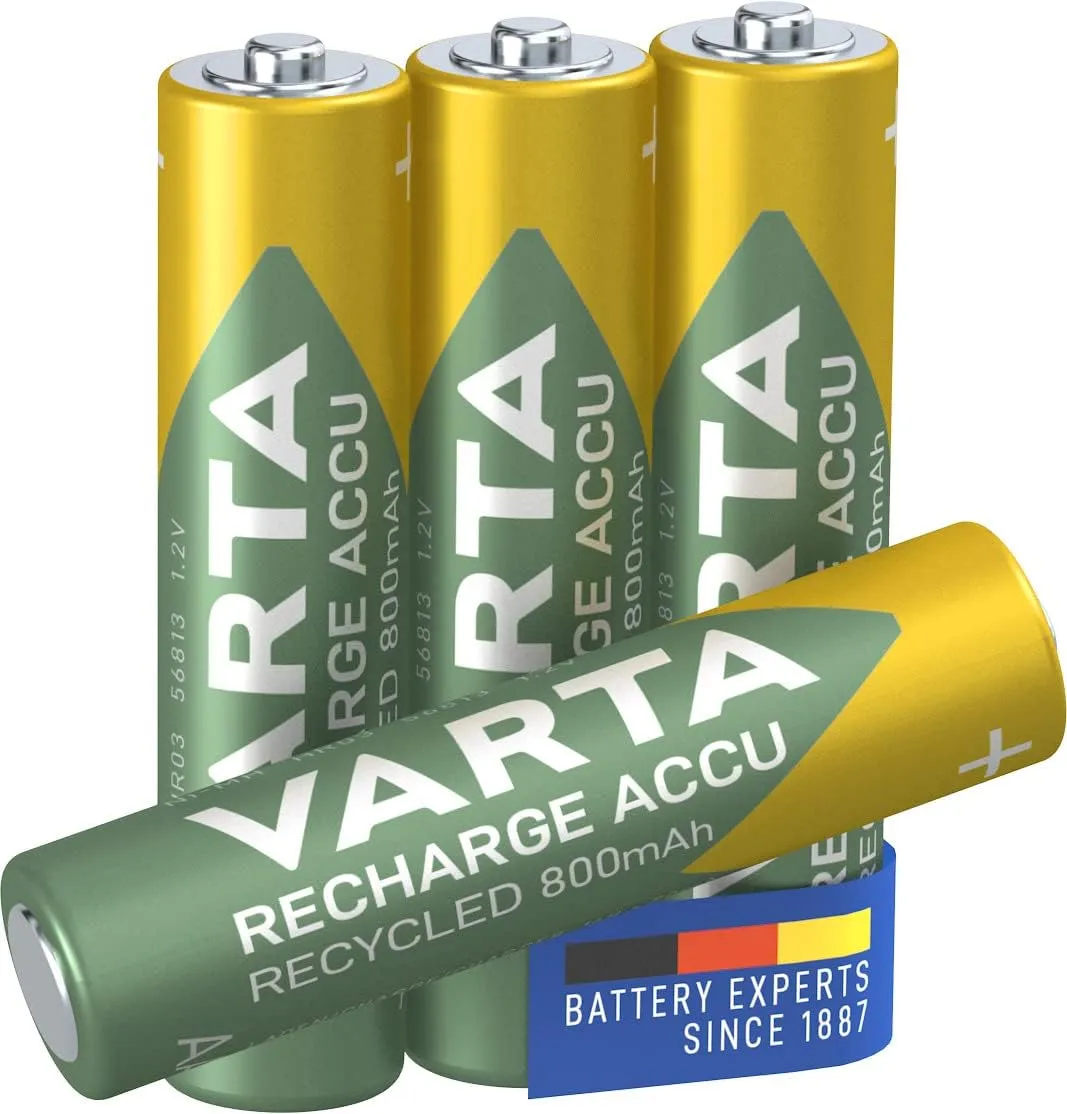 VARTA AAA Rechargeable Batteries Pack of 4 Recharge Accu Recycled Battery 800mAh Ni-MH 21% Recycled Material Pre-Charged Ready to Use