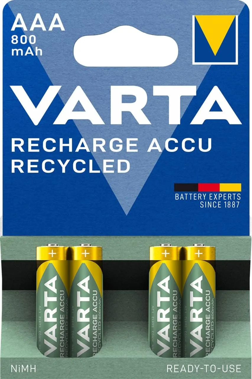 VARTA AAA Rechargeable Batteries Pack of 4 Recharge Accu Recycled Battery 800mAh Ni-MH 21% Recycled Material Pre-Charged Ready to Use