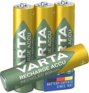 VARTA AAA Rechargeable Batteries Pack of 4 Recharge Accu Recycled Battery 800mAh Ni-MH 21% Recycled Material Pre-Charged Ready to Use