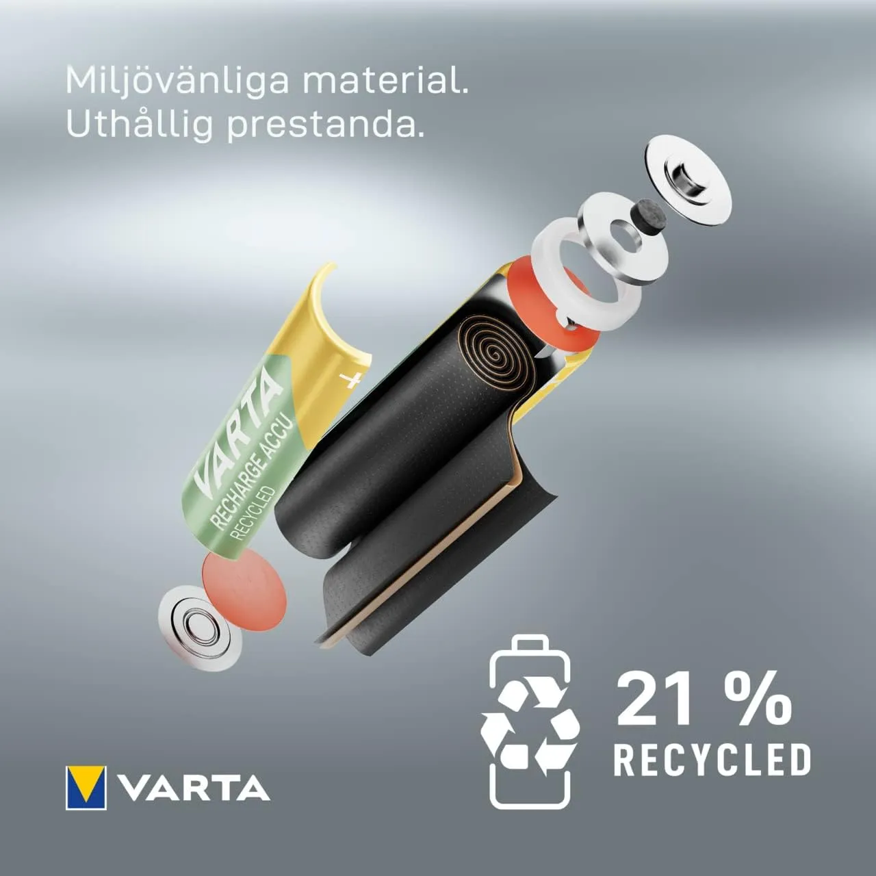 VARTA AAA Rechargeable Batteries Pack of 4 Recharge Accu Recycled Battery 800mAh Ni-MH 21% Recycled Material Pre-Charged Ready to Use