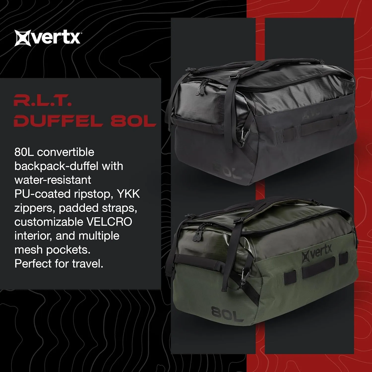 Vertx RLT Tactical Travel Duffel Bag Backpack for Men and Women, Compatible Tactigami for Survival EDC Gear, CCW Concealed Carry, Hunting Luggage, 80L, Black