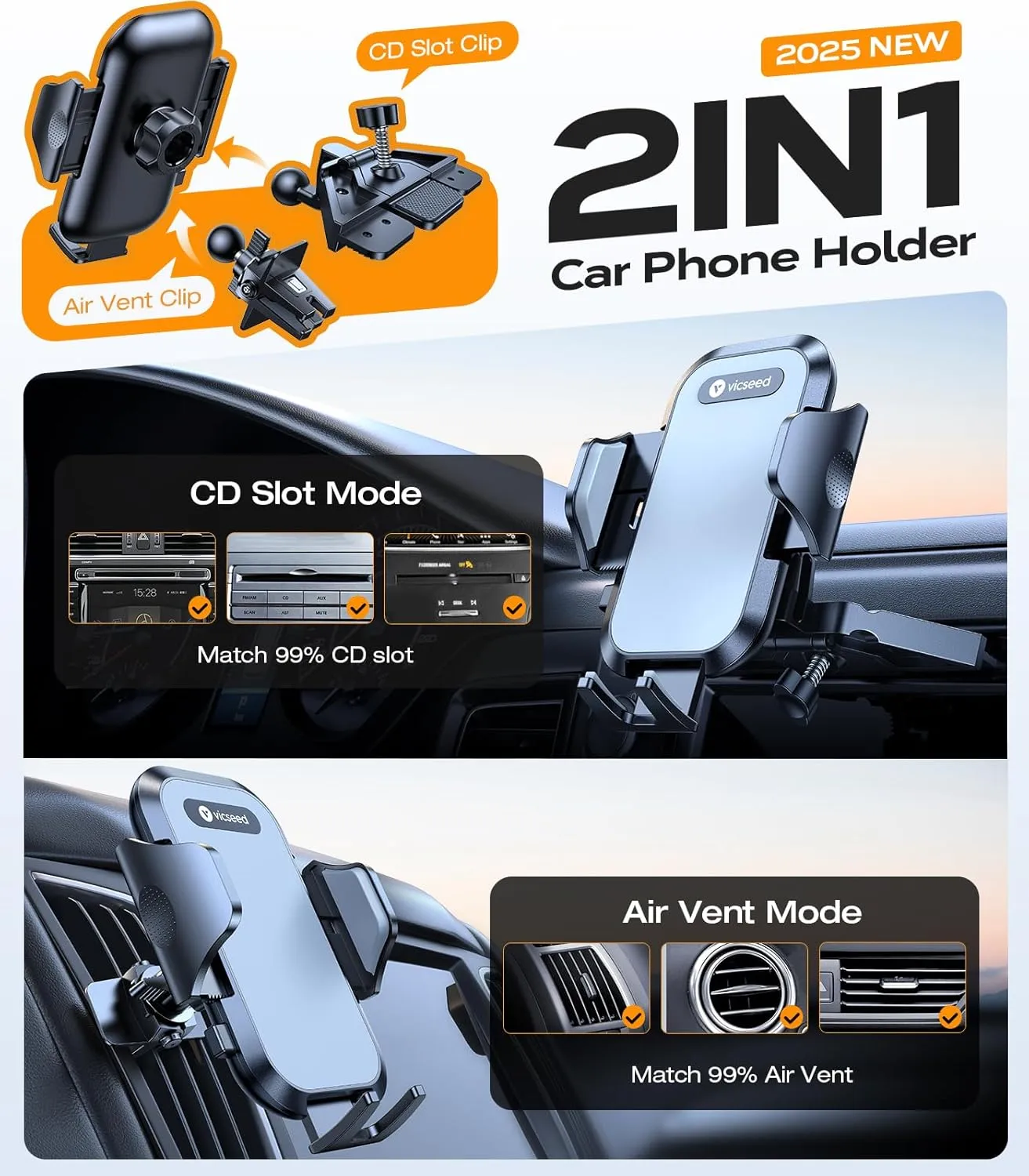 VICSEED Military-Grade Sturdy Car Phone Holder Mount, Upgraded Anti Shake Metal CD Slot & Air Vent Thick Case Friendly Phone Mount for Car Fit for iPhone 16 15 14 Samsung All Phones