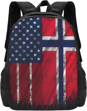 Vintage Norwegian Norway American Flag Travel Backpack Casual Backpacks 15 Inch Laptop Back Pack Lightweight Rucksack Outdoor Sport Daypack Large Bags for Working Camping Hiking