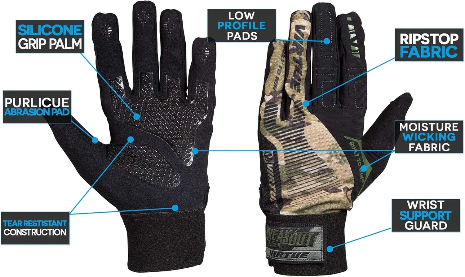 VIRTUE Breakout Gloves - Multi-Sport Ripstop Full Finger Paintball Gloves