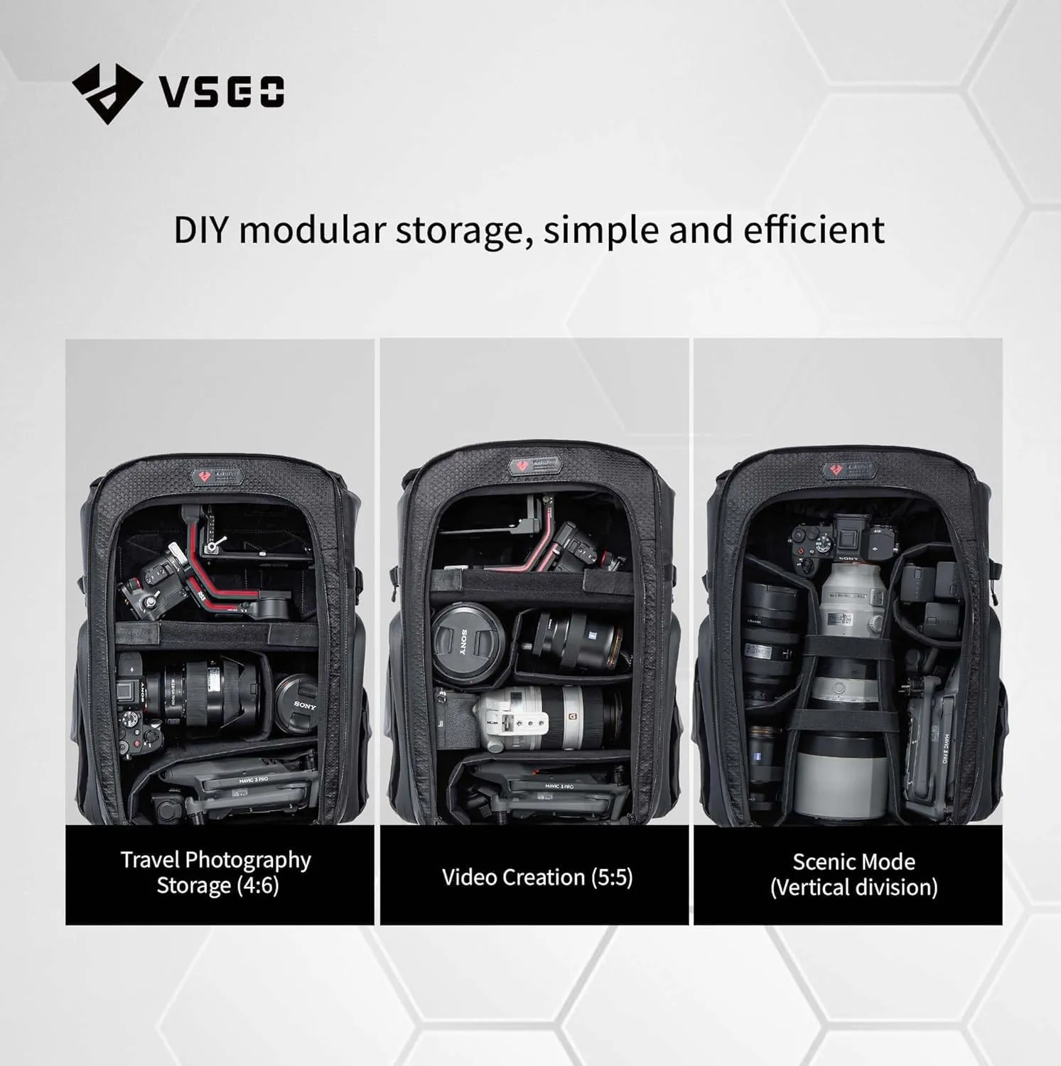 VSGO Camera Backpack Professional Bag 25L Waterproof Photography Camera Case,17.3 inch Laptop Compartment, Compatible for Sony Canon Nikon Camera, Drone,Stabilizers, Lens Tripod Accessories
