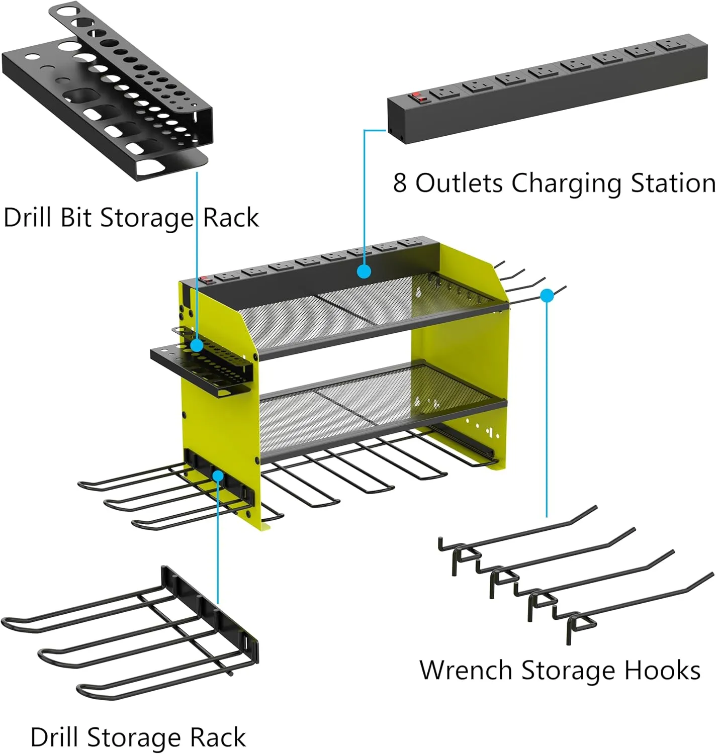 Wall Mount Drill Storage Rack with Charging Station Power Tool Organizer Drill Holder Drill Bit Organizer for Garage Workshop Holds 4 Drills with 8 Outlet Power Strip Christmas Gift(Green Three Layer)