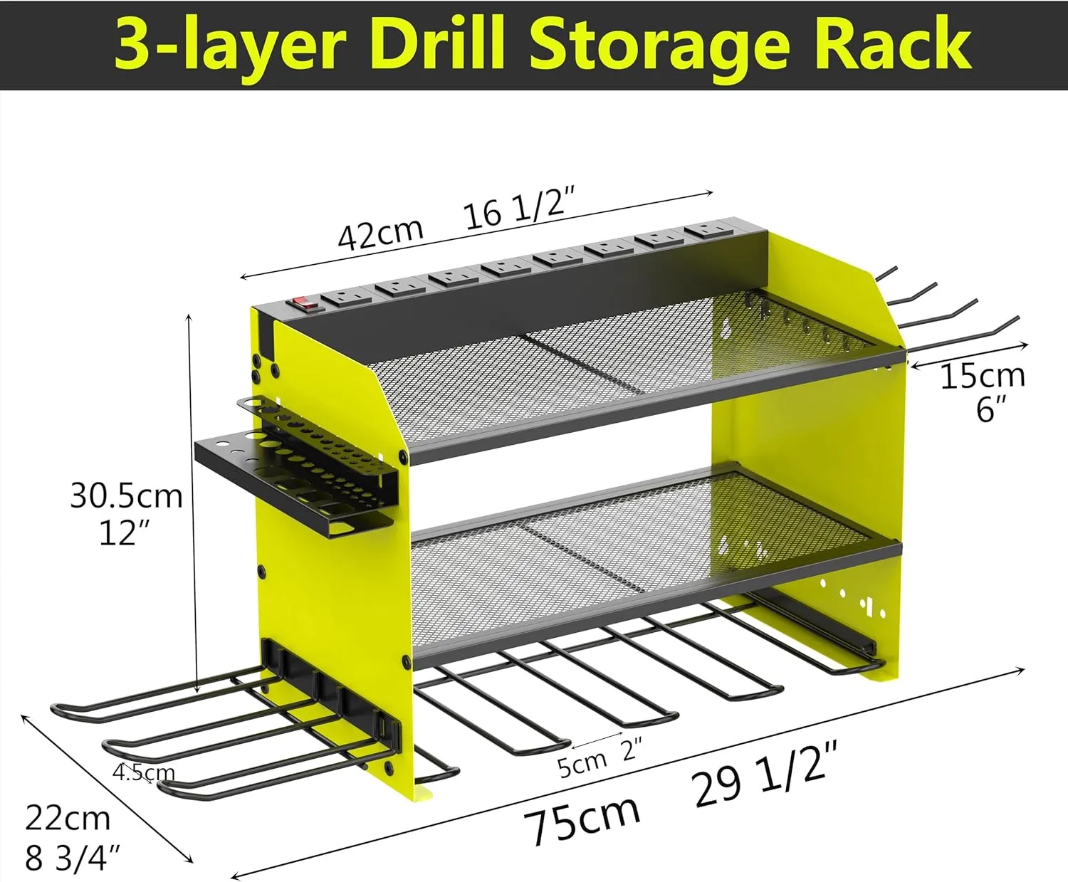Wall Mount Drill Storage Rack with Charging Station Power Tool Organizer Drill Holder Drill Bit Organizer for Garage Workshop Holds 4 Drills with 8 Outlet Power Strip Christmas Gift(Green Three Layer)