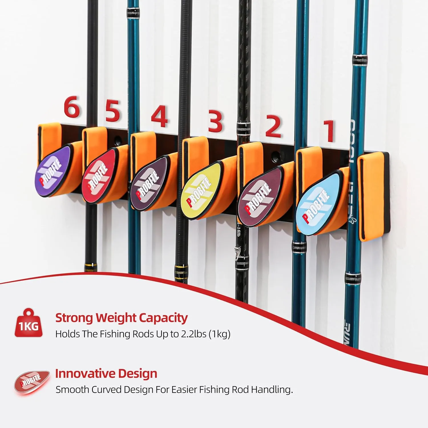 Wall Mounted Fishing Rod Holder for Garage, Horizontal & Vertical Fishing Rod Rack, Fishing Pole Storage with Soft EVA Protective Pad, Holds Up to 6 Rods or Combos, Fits Most Fishing Poles
