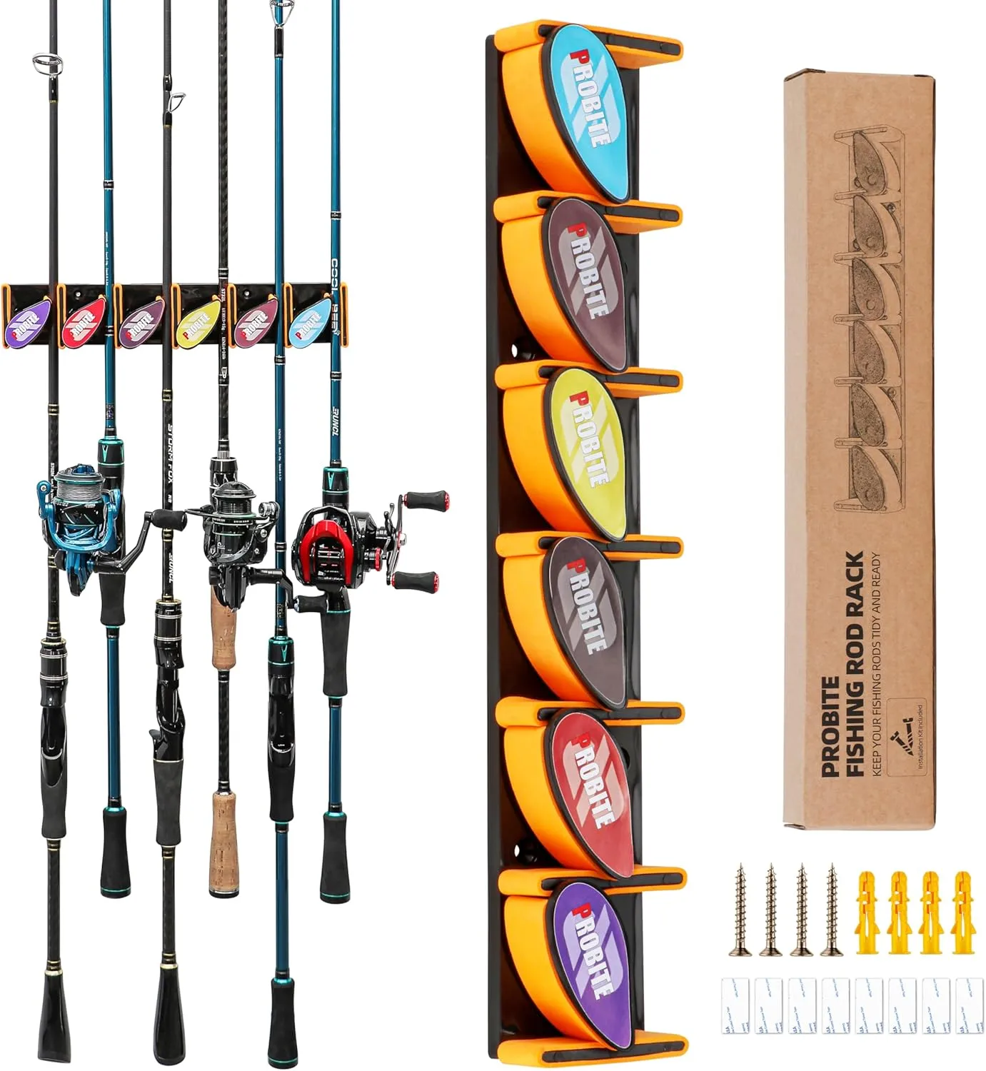 Wall Mounted Fishing Rod Holder for Garage, Horizontal & Vertical Fishing Rod Rack, Fishing Pole Storage with Soft EVA Protective Pad, Holds Up to 6 Rods or Combos, Fits Most Fishing Poles