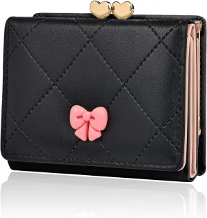 Wallet Women, Cute Small Black Coquette Bow Trifold Wallets Woman, Heart Shape Kiss-lock Business Credit Card Coin Holder Purse Pocket for Cash Key Change (Black)