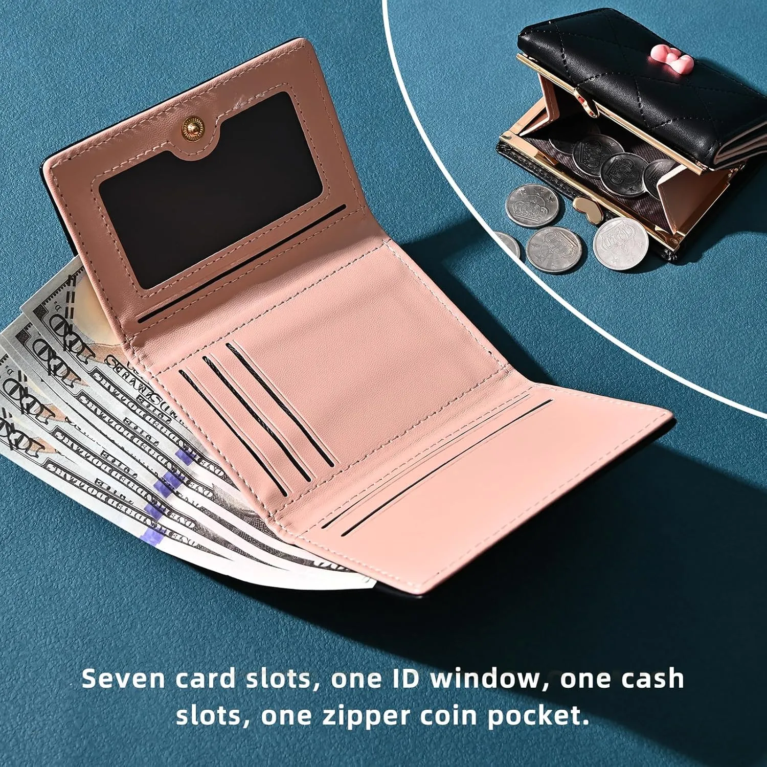 Wallet Women, Cute Small Black Coquette Bow Trifold Wallets Woman, Heart Shape Kiss-lock Business Credit Card Coin Holder Purse Pocket for Cash Key Change (Black)