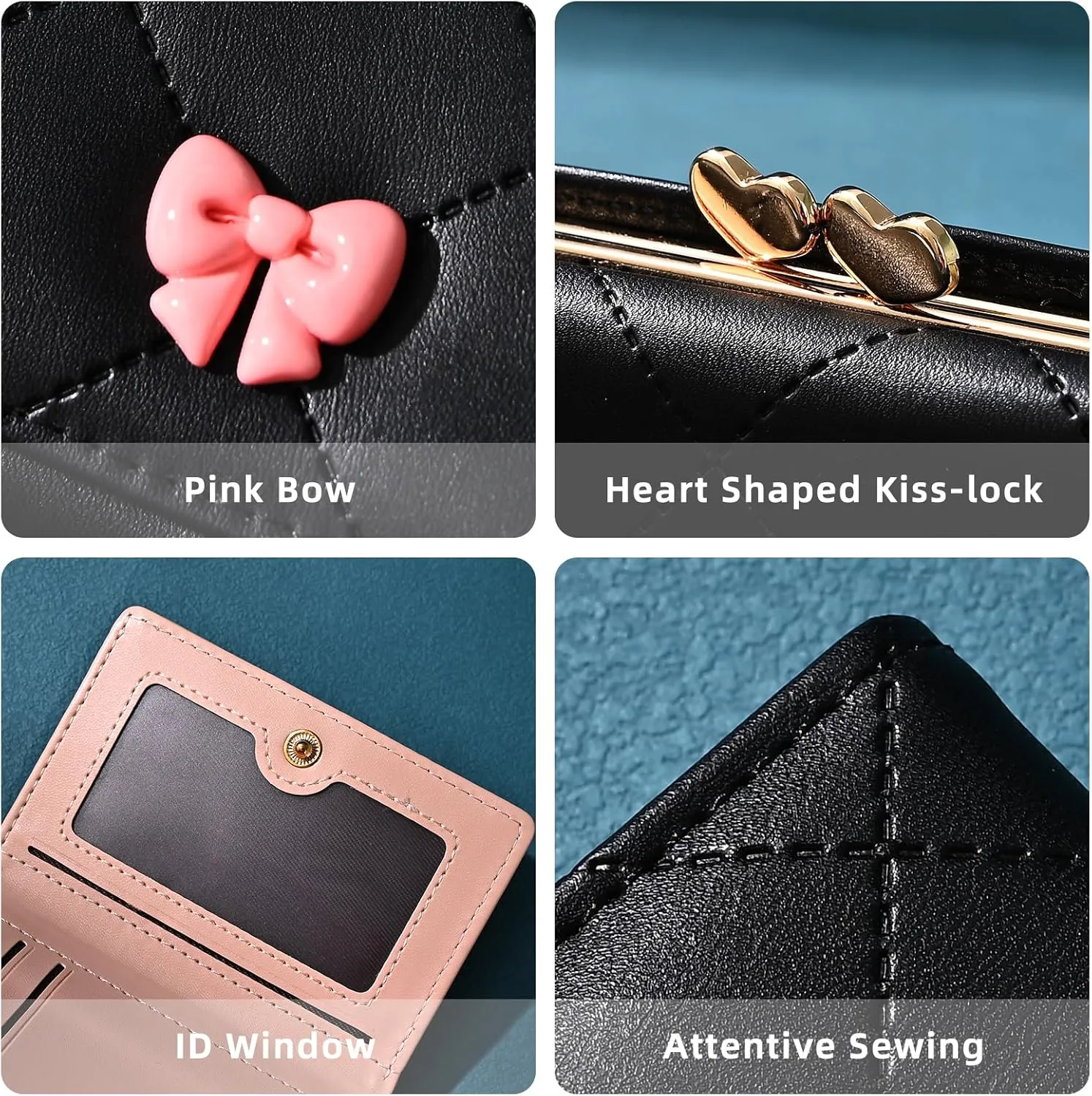 Wallet Women, Cute Small Black Coquette Bow Trifold Wallets Woman, Heart Shape Kiss-lock Business Credit Card Coin Holder Purse Pocket for Cash Key Change (Black)