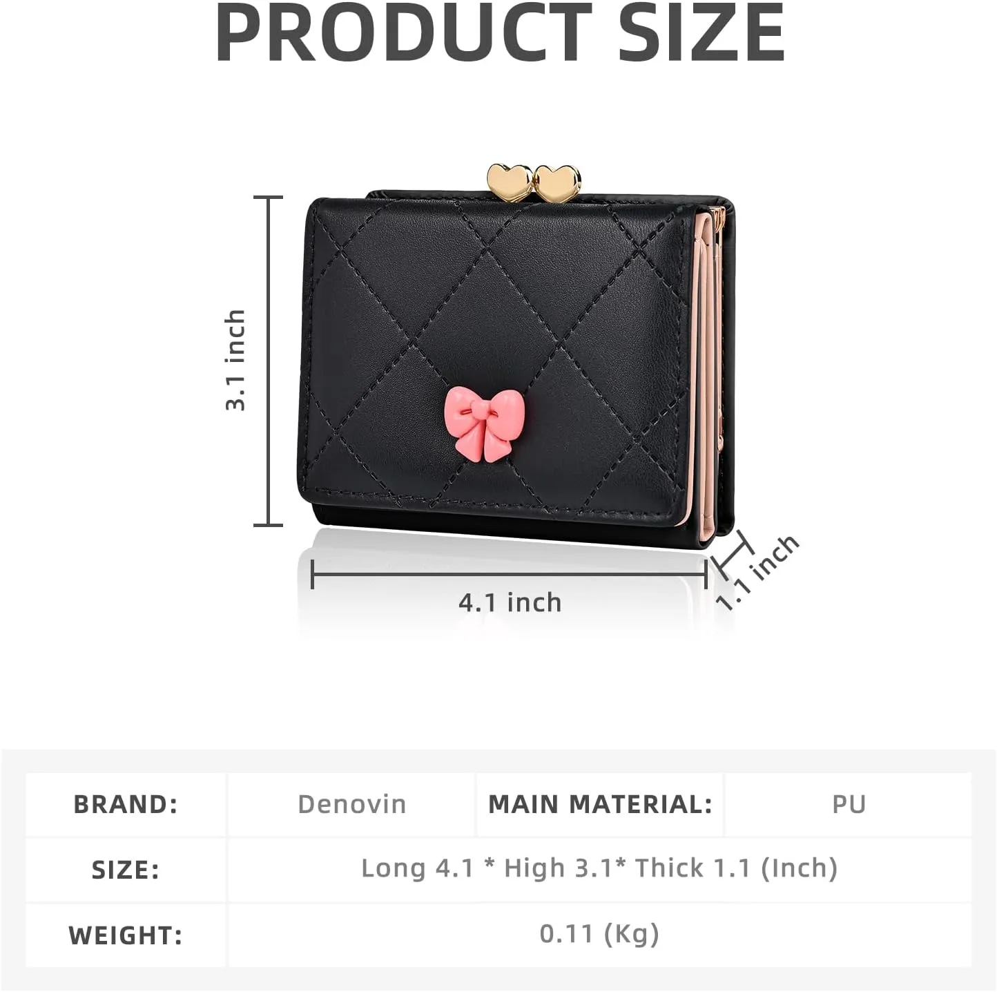 Wallet Women, Cute Small Black Coquette Bow Trifold Wallets Woman, Heart Shape Kiss-lock Business Credit Card Coin Holder Purse Pocket for Cash Key Change (Black)