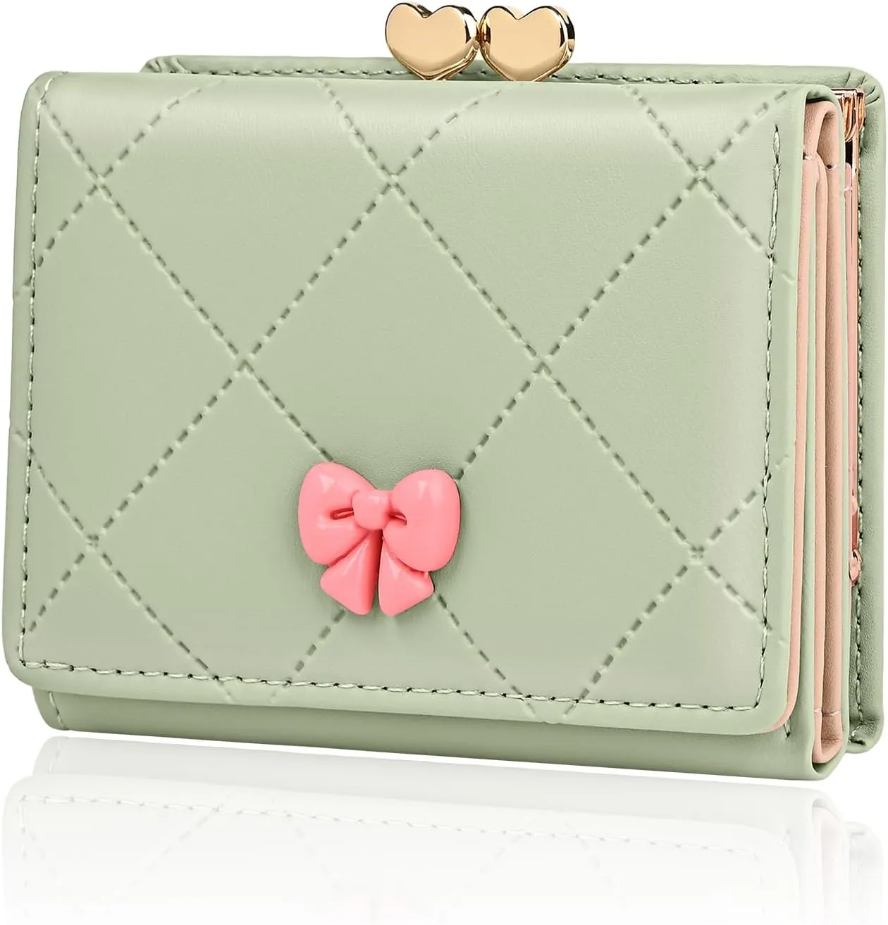 Wallet Women, Cute Small Coquette Bow Trifold Wallets Woman, Heart Shaped Kiss-lock Business Credit Card Coin Holder Purse Pocket for Cash Key Change (Green)